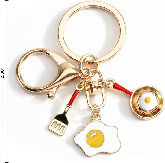 Fried Egg Keychain with Pan and Spatula Charm Kitchen Themed Accessory for Women Cooking Lovers Gift
