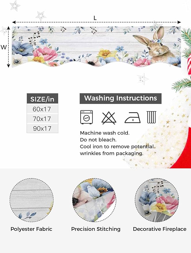 Bunny Easter Fireplace Mantel Scarf Table Runner,Spring Floral Blue Eucalyptus Leaves Wooden Winter Garland Mantel Top Tablerunners Dresser Scarves Cover for Windows Party Living Room 90"x17"