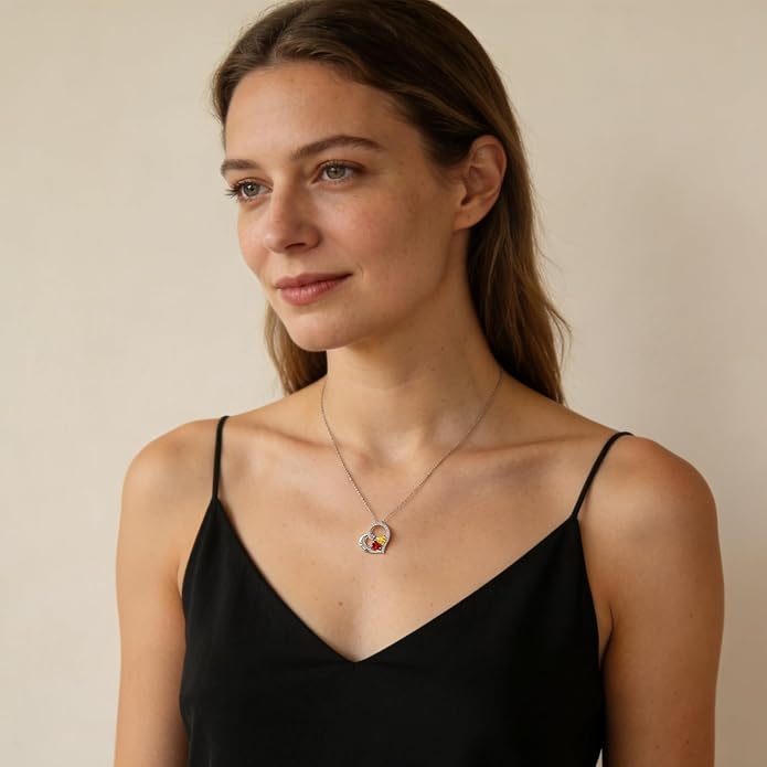 Double Birthstone Heart Necklace 0.8CT Dual-Gemstone S925 Sterling Silver Plated White Gold Engraved I Love You Perfect Anniversary/Valentine's Day Gift for Wife/Girlfriend/Mom/Daughter
