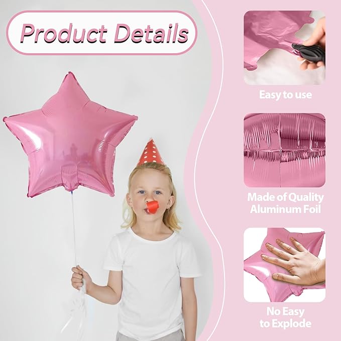 Pink and Purple Star Foil Balloons, 10PCS Pink Foil Stars Shape Balloons, 18 Inch Metallic Purple Stars Balloon for Helium Pentagram Balloon for Girls Birthday, Princess, Anniversary Party Decoration
