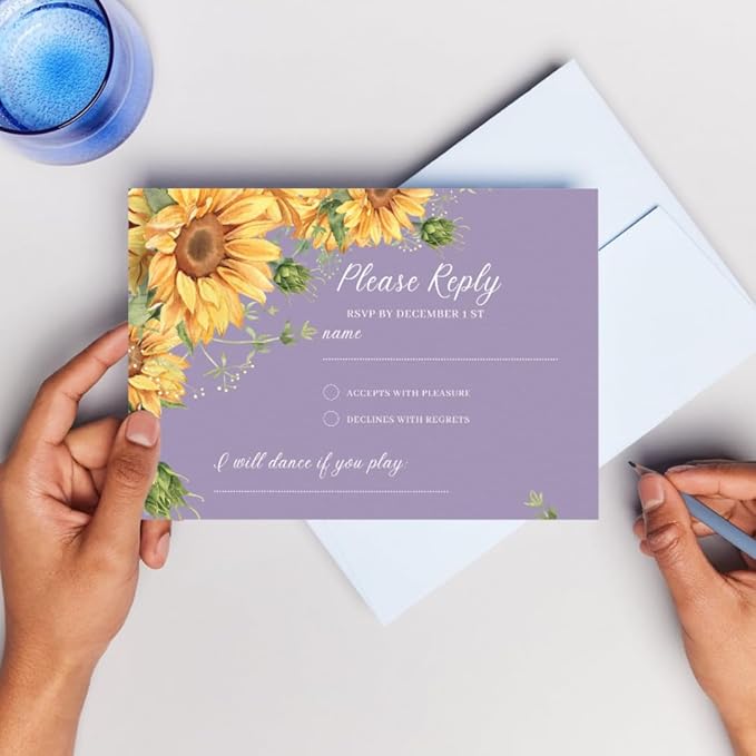 Preprinted Purple and Yellow Sunflower Wedding or Party RSVP Cards, Personalized Response Card Glossy Finish With White Envelopes, Set of 15 with Envelope, 5x3.5 inch Cards (Purple)