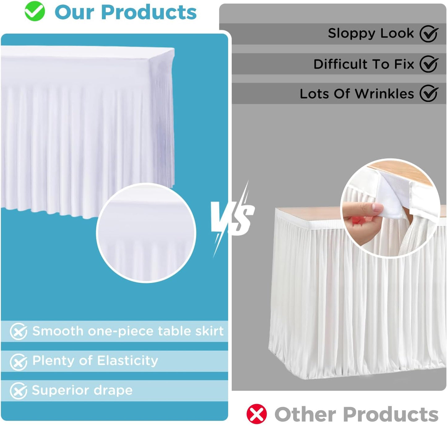 Table Skirts for 8ft Rectangle Tables - 2PCS White Table Covers for 8 Foot Tables, Wrinkle Resistant Ruffles Elastic Table Cloths and Table Skirt for Banquets/Weddings/Parties/Birthday