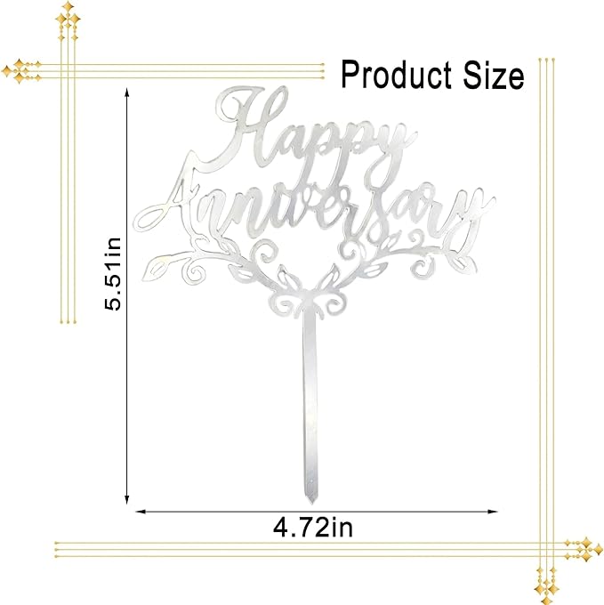 Silver Acrylic Happy Anniversary Cake Topper - Personalized Wedding, Engagement, Anniversary & Bridal Shower Cake Decoration