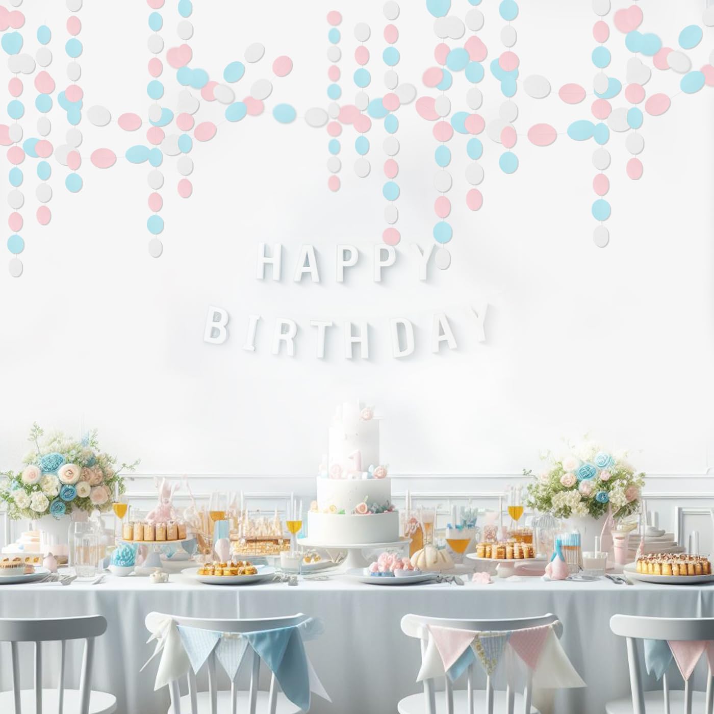 White Blue Pink Party Decorations - Paper Garland Streamer Banner Birthday Decorations Baby Shower Decorations Gender Reveal Decorations Gender Neutral Decorations Bridal Wedding HongTongTong
