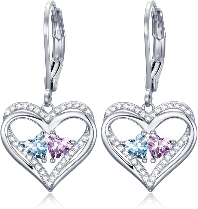 Valentines Day Gifts for Women, Heart Leverback Earrings Double Birthstone Dangle Earrings for Women, Love Jewelry for Her, Anniversary Birthday Gift for Mom Wife Girlfriend