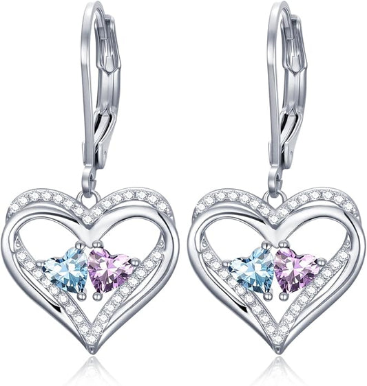 Valentines Day Gifts for Women, Heart Leverback Earrings Double Birthstone Dangle Earrings for Women, Love Jewelry for Her, Anniversary Birthday Gift for Mom Wife Girlfriend