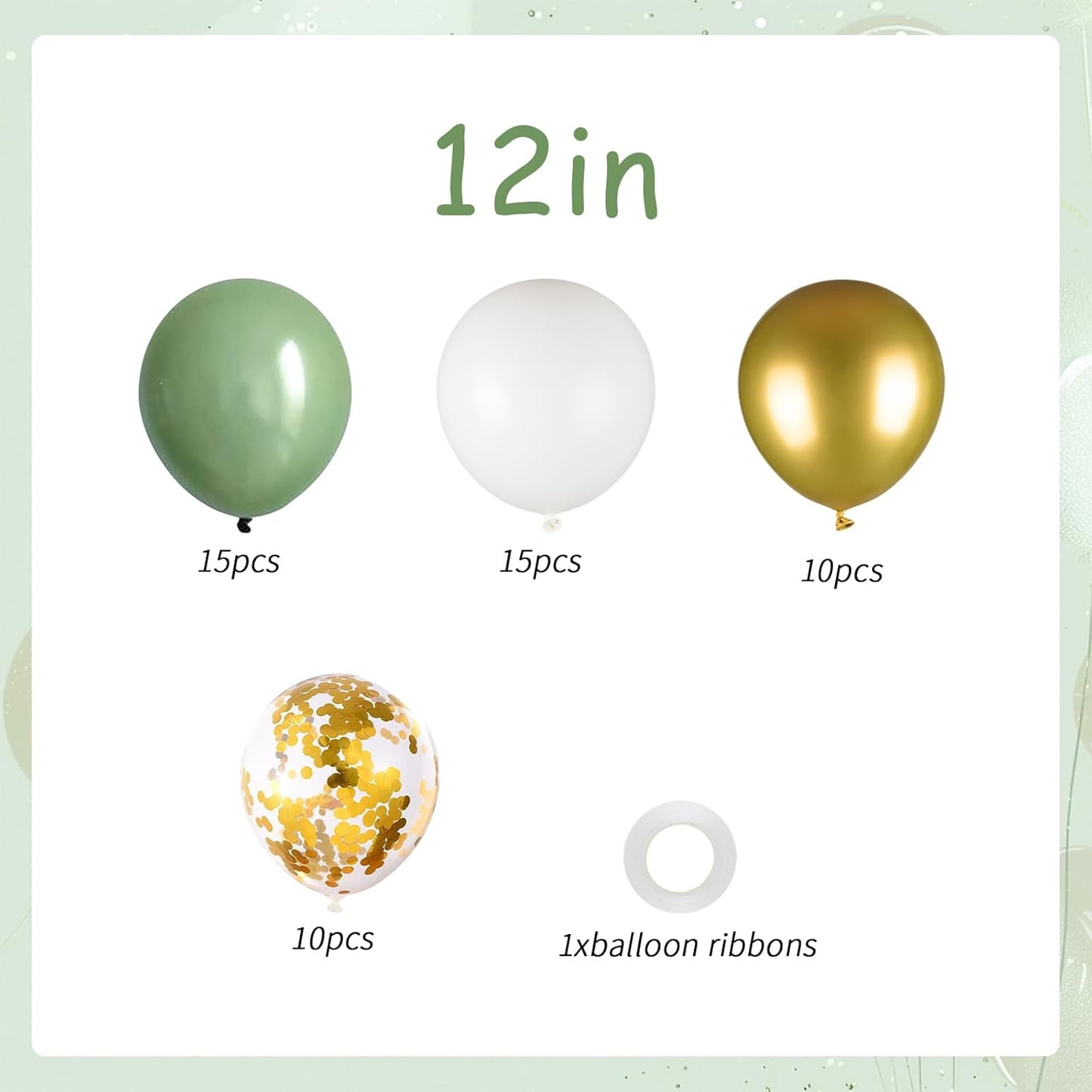 50pcs Sage Green Gold White Balloons, 12inch Olive Green and Gold Confetti Latex Balloons for Birthday Baby Shower Gender Reveal Wedding Party Decoration