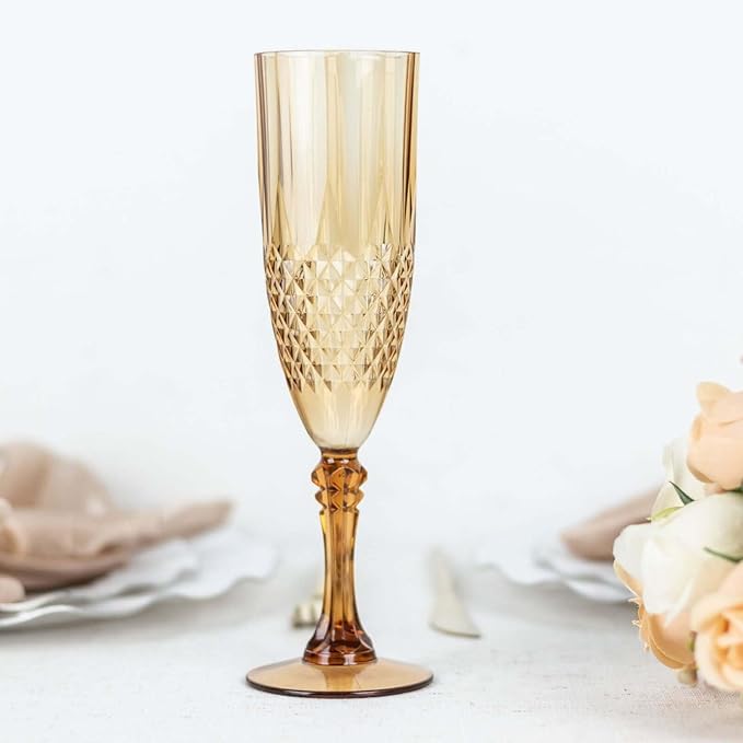Efavormart 6-Pack Champagne Glasses, 8oz Shatterproof Plastic Crystal Cut Toast Flutes, Amber Gold for Party Celebration Wedding