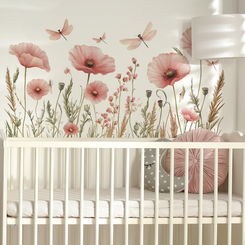 Watercolor Pink Flower Dragonfly Wall Stickers Botanical Removable Vinyl Wall Decals for Bedroom and Living Room