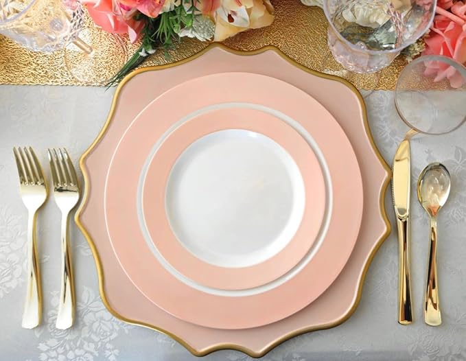 " OCCASIONS " 40 Pieces Round 13'' ACRYLIC MELAMINE Reusable Wedding Charger Plate (Scalloped Pink Blush and Gold)
