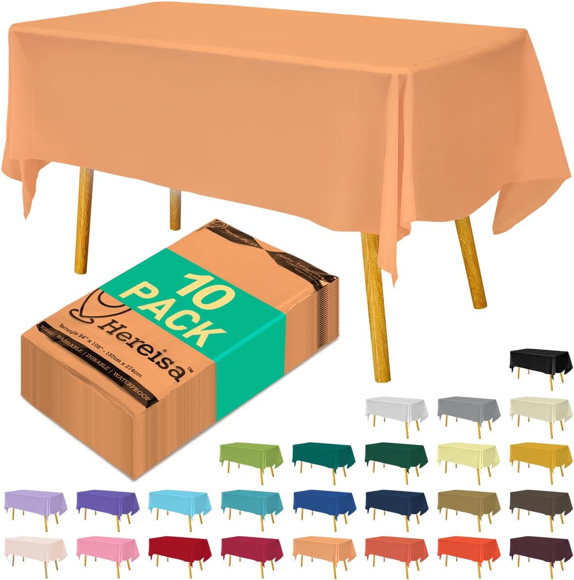 Disposable Peach Plastic Tablecloth 54x108 Inch, 10-Count Waterproof Rectangle Table Cover for Events, Catering