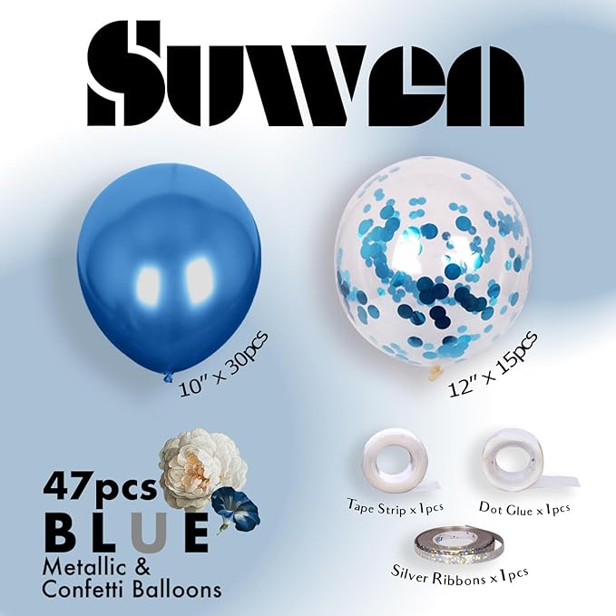 SUWEN Metallic Blue Balloons and Confetti Balloons Set 47PCS Latex Helium Chrome Royal Blue Balloon for Birthday Graduation Party Decorations