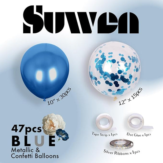 SUWEN Metallic Blue Balloons and Confetti Balloons Set 47PCS Latex Helium Chrome Royal Blue Balloon for Birthday Graduation Party Decorations