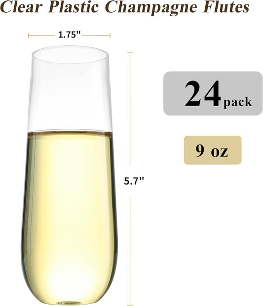 24 Pack 9 oz Stemless Plastic Champagne Flutes, Clear Disposable Champagne Toasting Glasses, Shatterproof and BPA-Free Drinkware for Party & Graduation & Wedding
