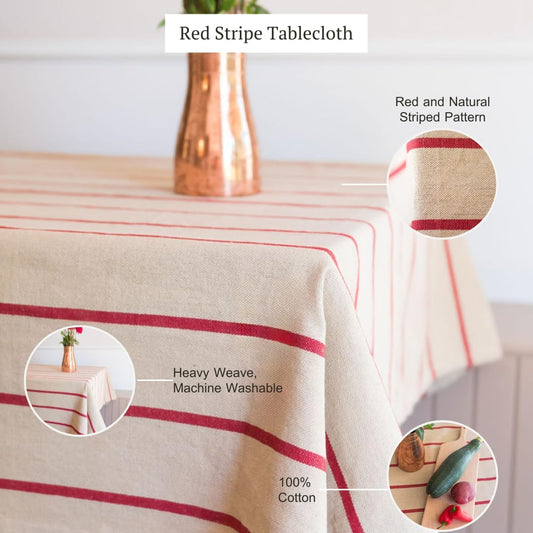 60x90 in Cotton Tablecloth – Large Rectangular Dining Table Cover for Kitchen, Weddings, Parties, Indoor or Outdoor Picnic and Everyday Décor – Red Stripe/Natural