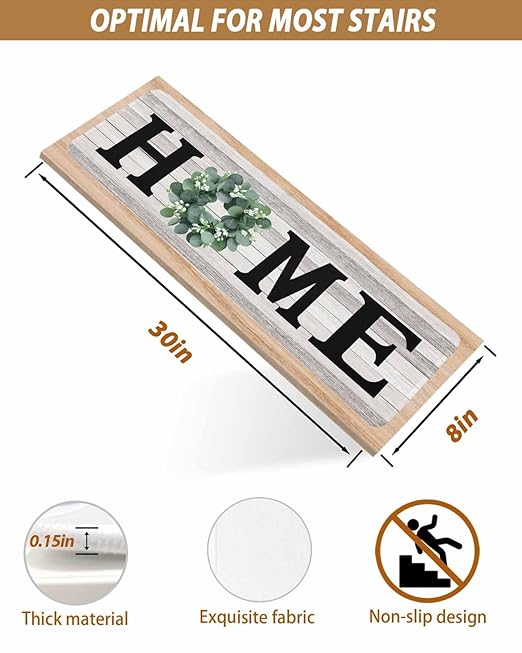 Stair Treads Non Slip Carpet,Home Green Eucalyptus Wreath Indoor Step Treads for Wooden Steps,Farm Vintage Wood Board Reusable Adhesive Stair Runner for Elders Dogs,4 Pack 8"x30"