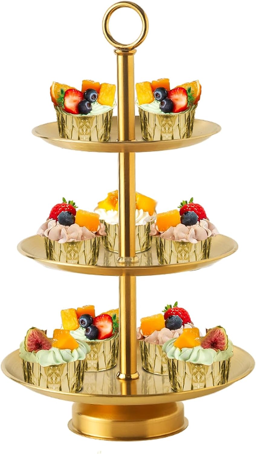 3 Tier Gold Metal Cupcake Stand Holder,Stainless Steel Cup Cake Stand Tower with Tiered Serving Tray and Base for Parties,Weddings,Birthdays and Any Festivals and Celebrations(with Base)