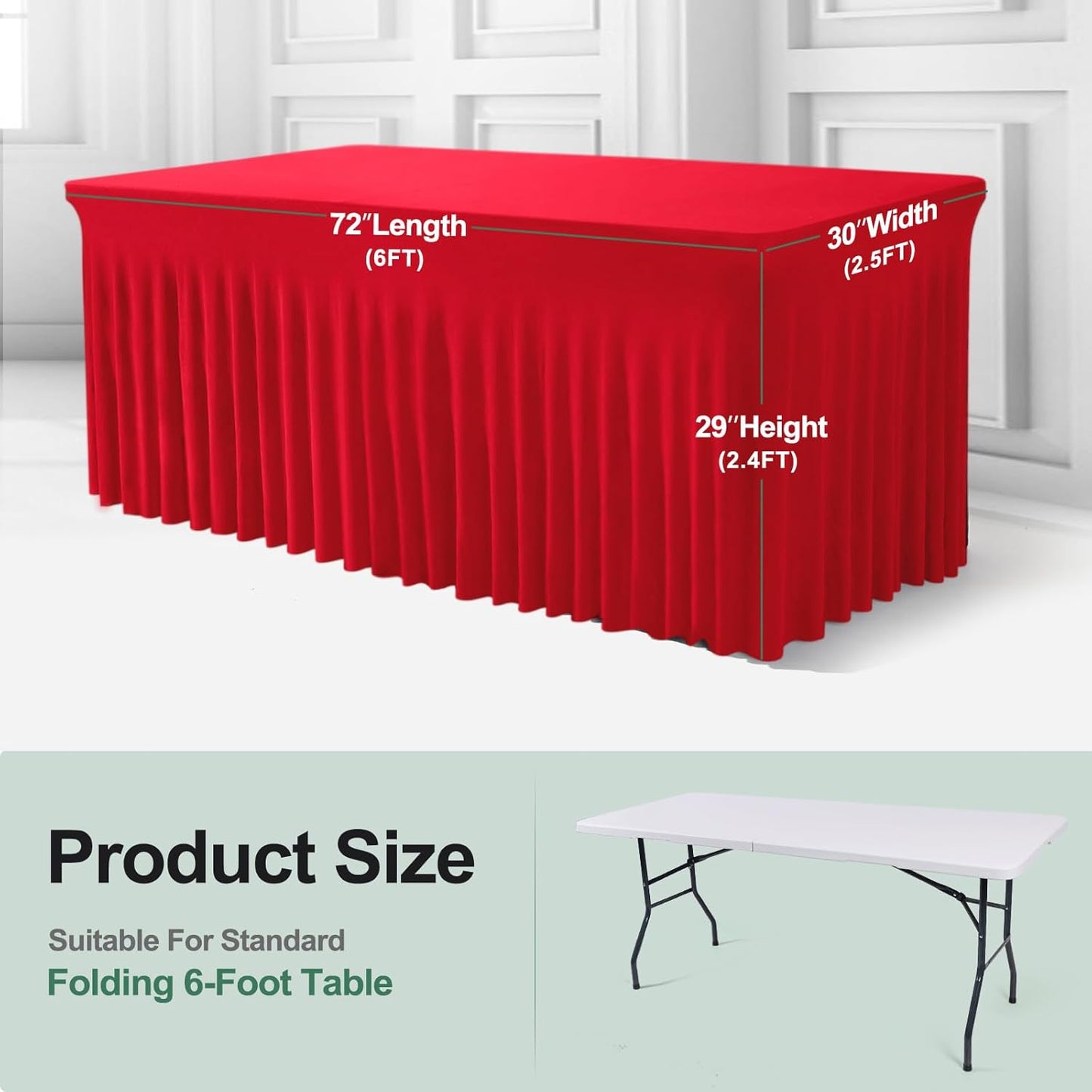 Table Skirts for Rectangle Tables 6ft - One-Piece Red Tablecloths and Skirt, Wrinkle Resistant Ruffles Elastic Cover for Banquets, Weddings, Events, Parties
