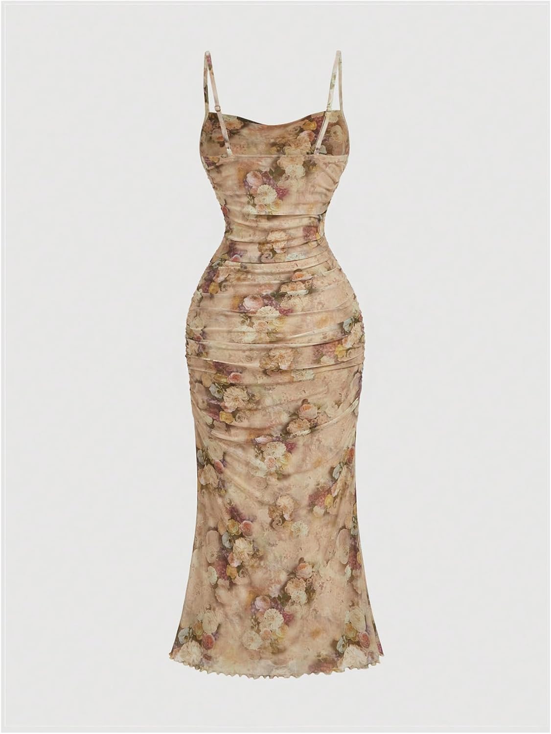 GORGLITTER Women's Floral Ruched Bodycon Midi Dress Mesh Sleeveless Fishtail Cami Dresses