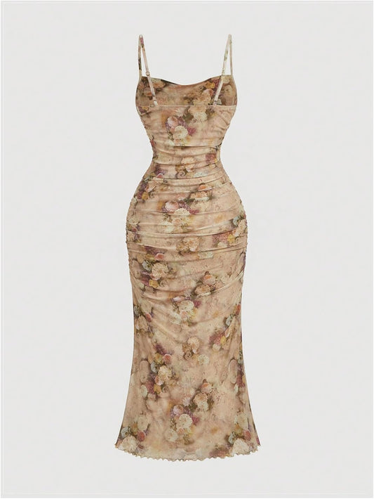 GORGLITTER Women's Floral Ruched Bodycon Midi Dress Mesh Sleeveless Fishtail Cami Dresses