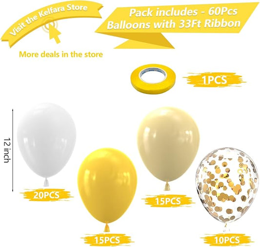 Kelfara Yellow and White Confetti Thanksgiving Fall Balloons,60PCS 12inch Pastel Yellow Sunflower Party Balloon For Sunflower HoneyBee Theme, Birthday, Baby Shower, Wedding Decorations