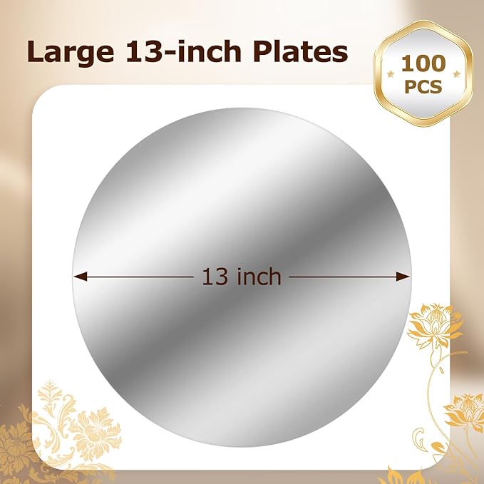 100PCS Silver Paper Placemats for Dinner Plates, 13 Inch Round Disposable Chargers, Shiny Holiday Place Mat for Dining Table Setting Valentine's Day Weddings Birthday Parties Kitchen Banquet Decor