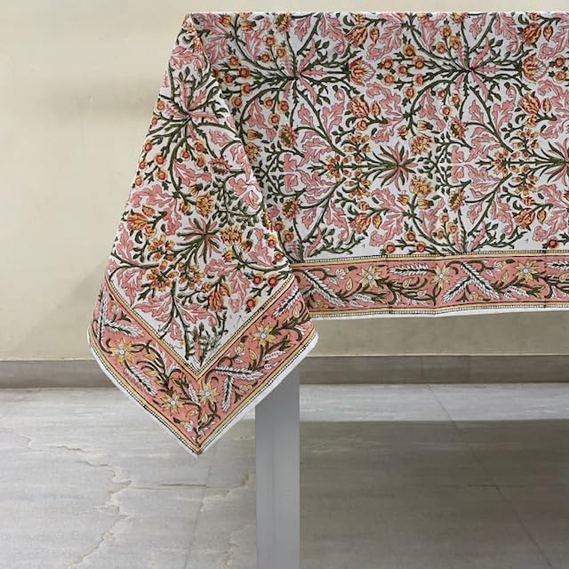 Ridhi Sassy Salmon and Emerald Green Hand Block Print Cotton Cloth Dinning Table Cover Wedding Farmhouse Thanksgiving Christmas Spring Fall Tablecloth 4 Seater 60x60 Inches Square