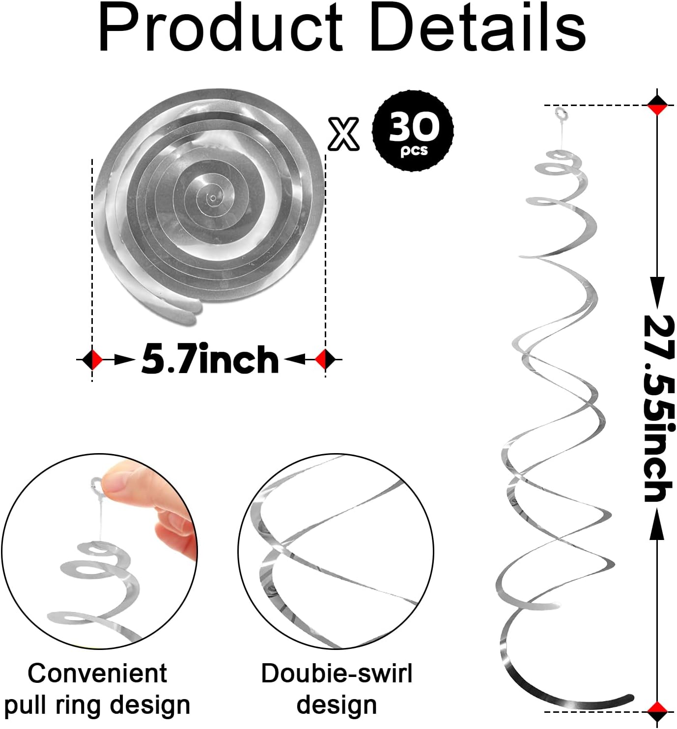 30 Pcs Silver Hanging Swirl Party Decorations,Sparkle Silver Birthday Ceiling Decorations,Streamers for Wedding Party Anniversary Graduation Christmas (Silver)