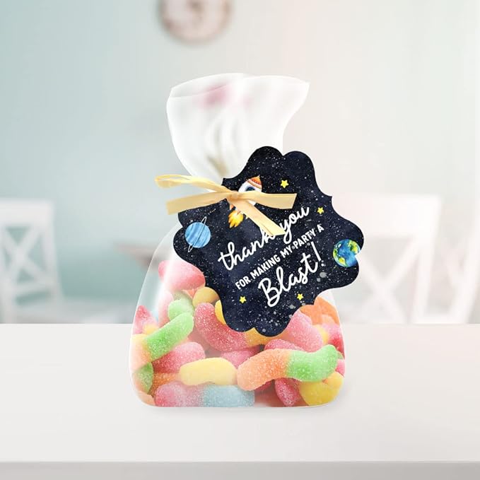 Andaz Press Fancy Frame Kids Party Favor Thank You Tags with String, 48-Pack Outer Space Astronaut Birthday Gift Tags For Gift Bags, Favor Bags Goody Bags Boys & Girls Gender-Neutral 1st Birthday Tags