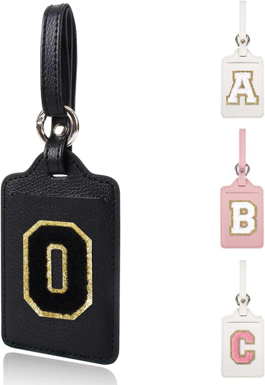Personalized Initial Luggage Tags for Suitcases, Leather Chenille Letter Cute Luggage Tags with Privacy Name Card, Embroidered Travel Bag Backpack Tags Gifts for Women Kids Girls Teens(Black-O)