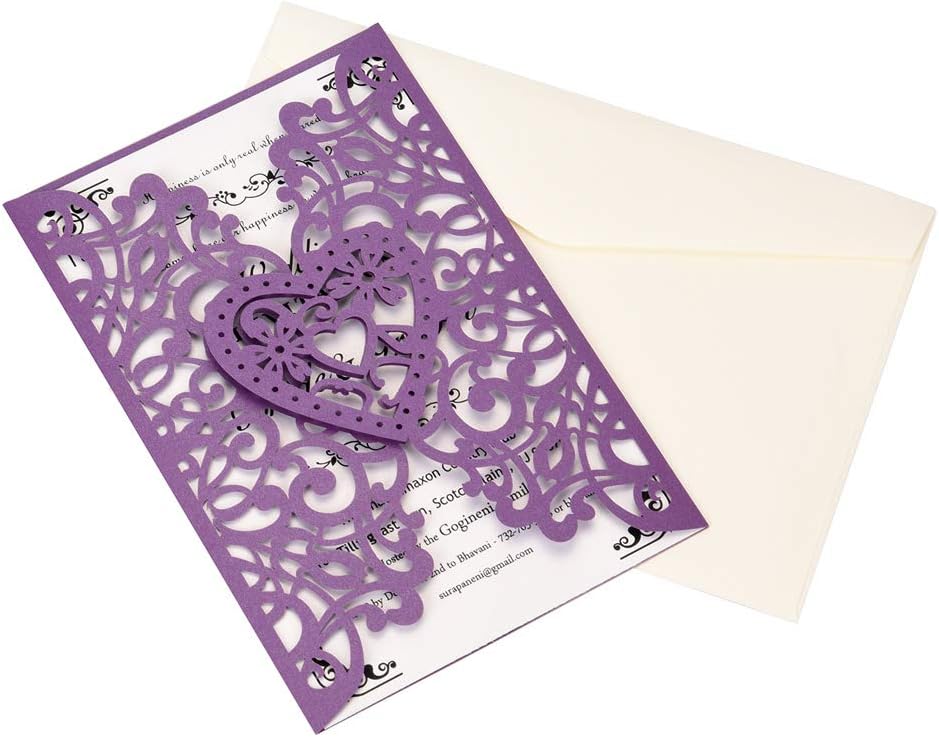 FOMTOR Laser Cut Wedding Invitations Kits 50 Packs Laser Cut Wedding Invitations with Blank Printable Cards and Envelopes for Wedding,Birthday Parties,Baby Shower Purple