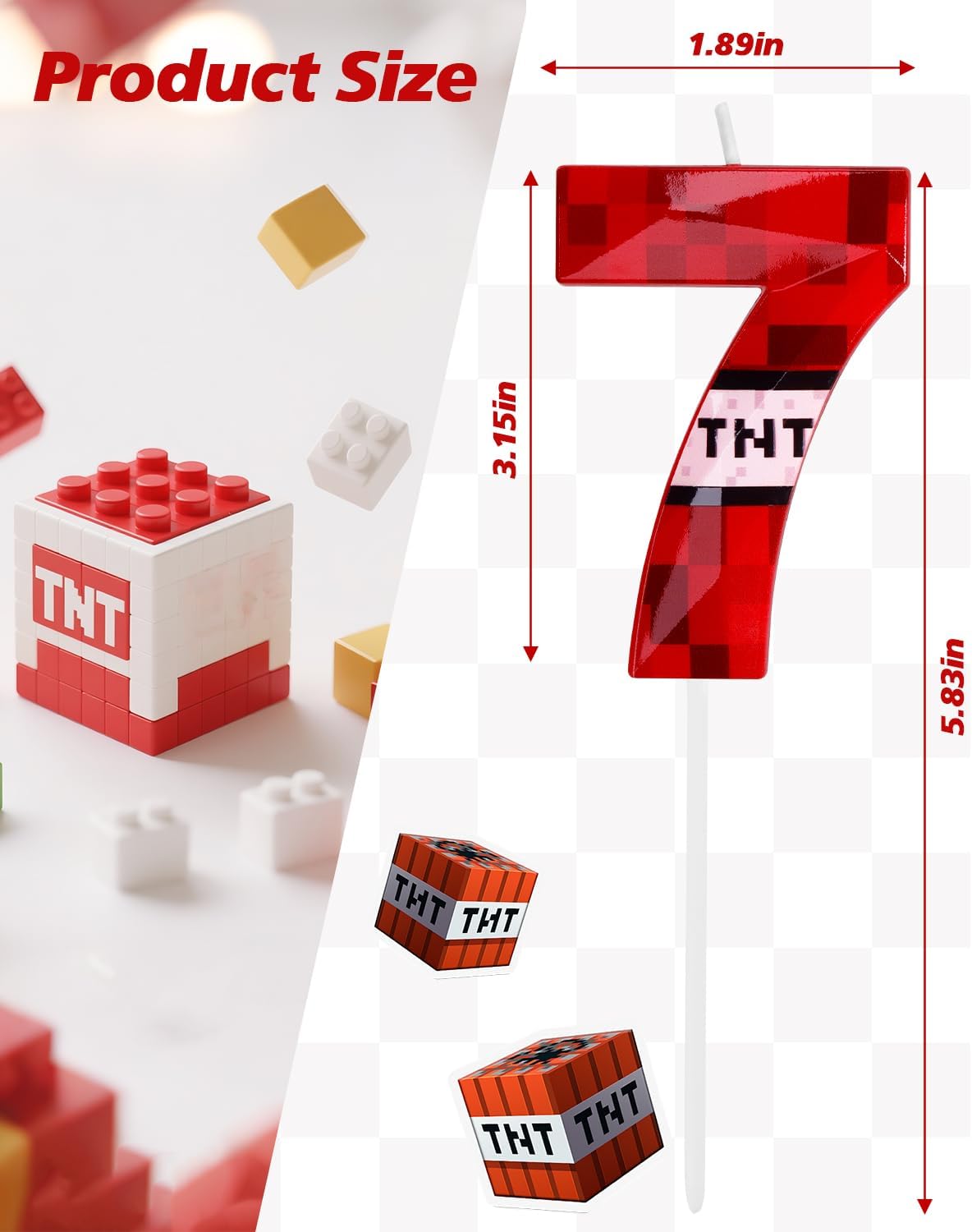 Pixel Birthday Candle, 2.68 Inch Miner Number Candles, Game Themed Candle Birthday Decoration for Pixel Theme Birthday Anniversary Dynamite Video Game Party (Red, 7)