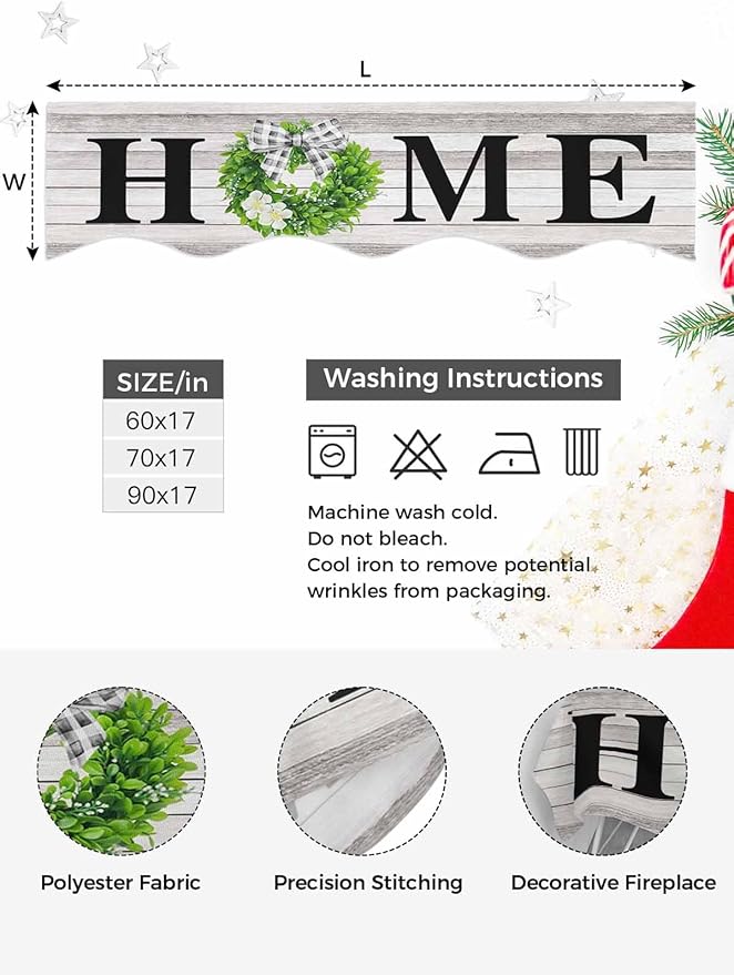 Rustic Fireplace Mantel Scarf Table Runner,Eucalyptus Leaves Green Wreath Wooden Plaid Home Winter Garland Mantel Top Tablerunners Dresser Scarves Cover for Windows Party Living Room 60"x17"