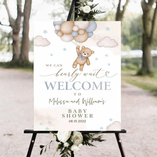 Personalized Teddy Bear Welcome Baby Shower Sign for Boy, We Can Bearly Wait Poster, Blue Boy Bear Baby Shower Sign Decoration