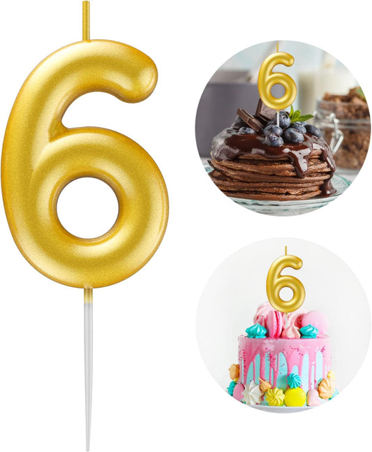 Gold Number 6 Candle Happy Birthday 3D Number Candles for Birthday Cake Party Decoration Wedding Anniversary Celebration Supplies