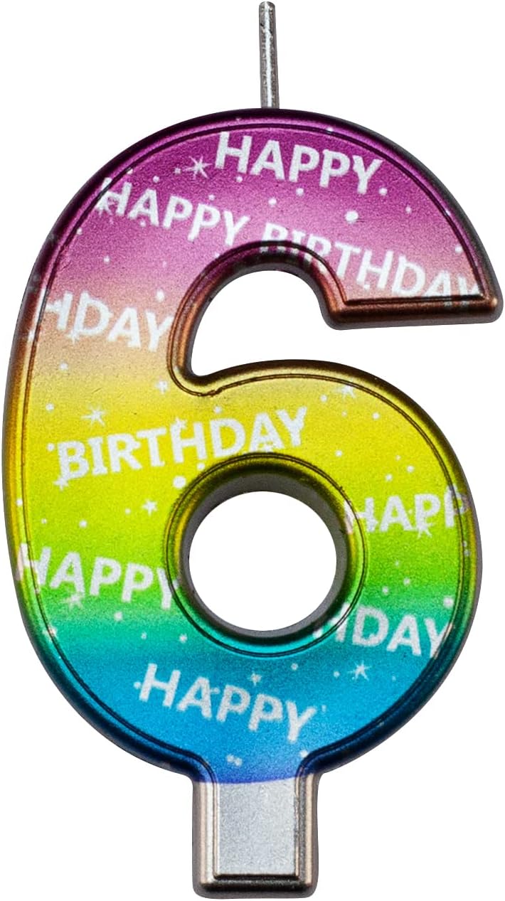 DERVENTA Birthday Candles Big Numbers Multicolored 3.7 inch Party Cake Topper 1 Piece (Number 6 Multi-Colored)