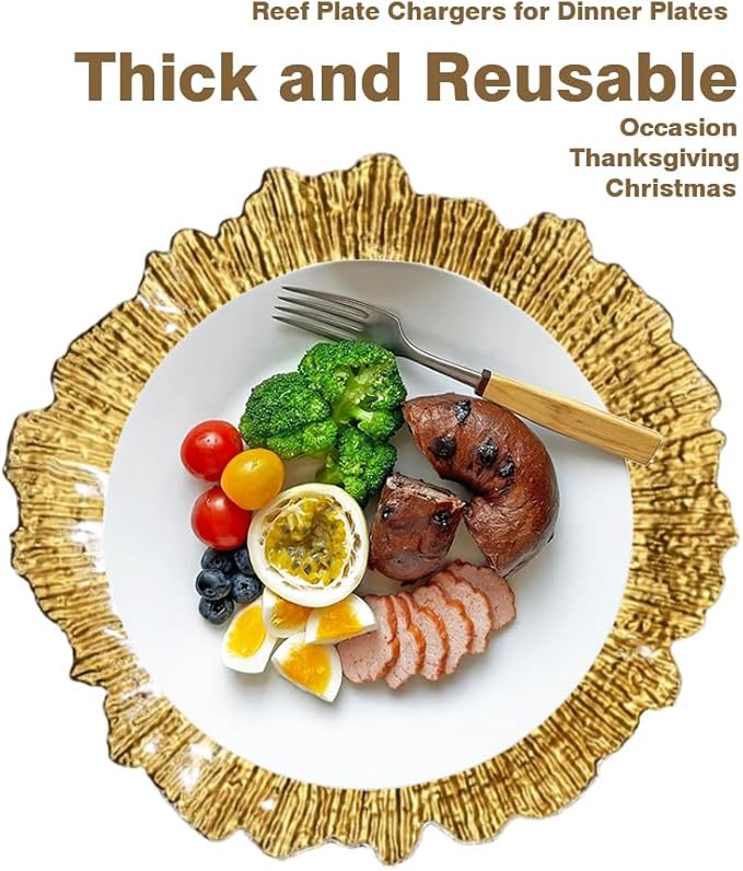 Gold Charger Plates,13 Inch Reef Plastic Chargers for Dinner Plate, Decorative Chargers for Wedding,Elegant Parties, Banquets and Table Decor(Set Of 6)