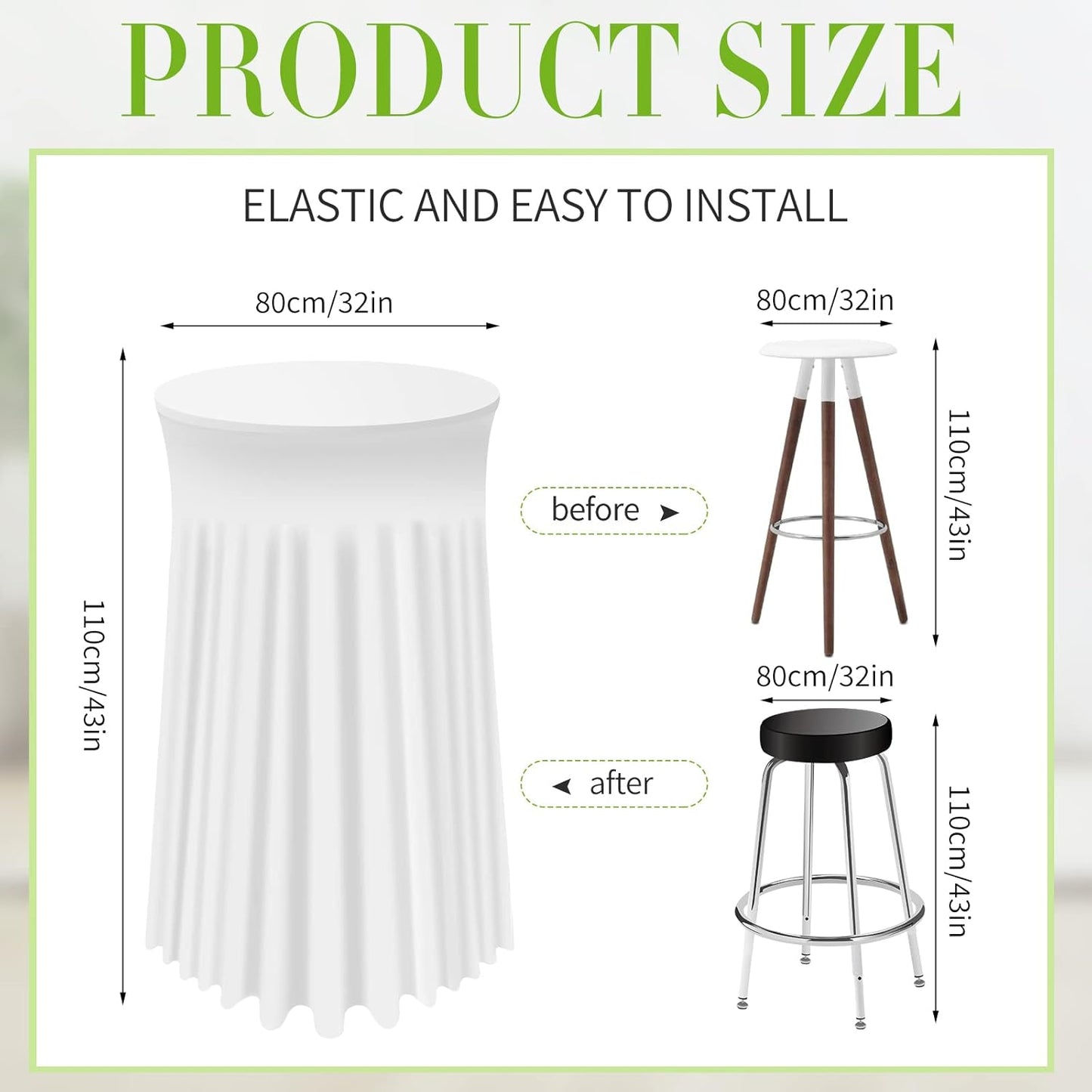 Tegeme 1 Pack 32 x 43 Inch Round Spandex Cocktail Tablecloths with Skirt Cocktail Round Table Cover Spandex Stretch Tablecloth for Fitted High Top Table Bar Wedding Party Banquet (White)