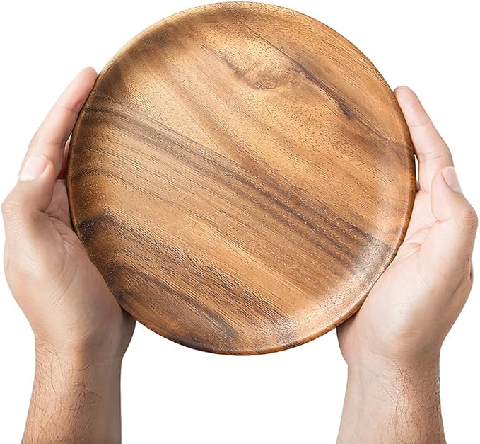 IQCWOOD 4 Pcs Wooden Dinner Plates, 8 Inch Acacia Wood Dinner Plates for Eating Wooden Serving Platter for Food Sandwich Dessert Salad Plate Fruit Platters Round Tray Wood Charger Plate