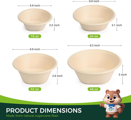 [50 Pack] 24 OZ Heavy Duty Disposable Paper Bowls - Made from Natural Bagasse - Eco-friendly Bowls for Hot Soup, Salad, Dessert