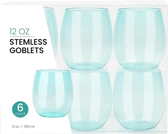 PLASTICPRO 12 Pack Aqua Blue Color Plastic Wine Glasses Stemless Disposable 12 oz BPA Free Shatterproof Plastic Wine Cups Wine Glasses for Parties