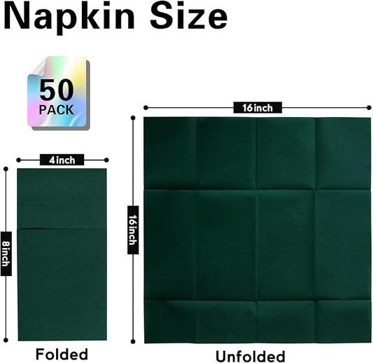 Dark Green Napkins Hand Towels Disposable, Linen-Feel Dinner Napkins with Prefolded Built-in Flatware Pocket, Guest Paper Hand Towels for Christmas Wedding Reception (16x16in, 50Pack）