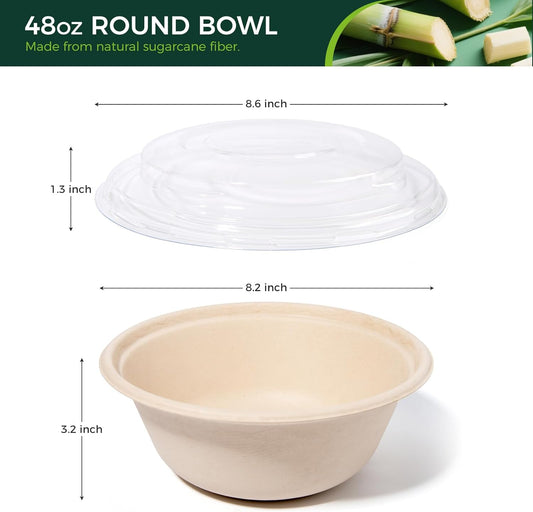 50-Pack 48oz Round Disposable Bowls with Lids - 100% Sugarcane Fiber, Paper Round Bowls for Soup, Salad, Ramen, Popcorn