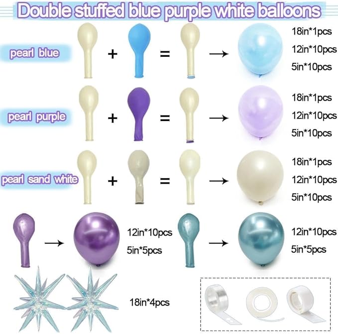 Frozen Balloon Garland Arch Kit, Double Stuffed Purple Blue White Pearl Balloons with Iridescent Star Foils for Birthday Christmas Baby Shower Frozen Wedding Winter Party Decorations