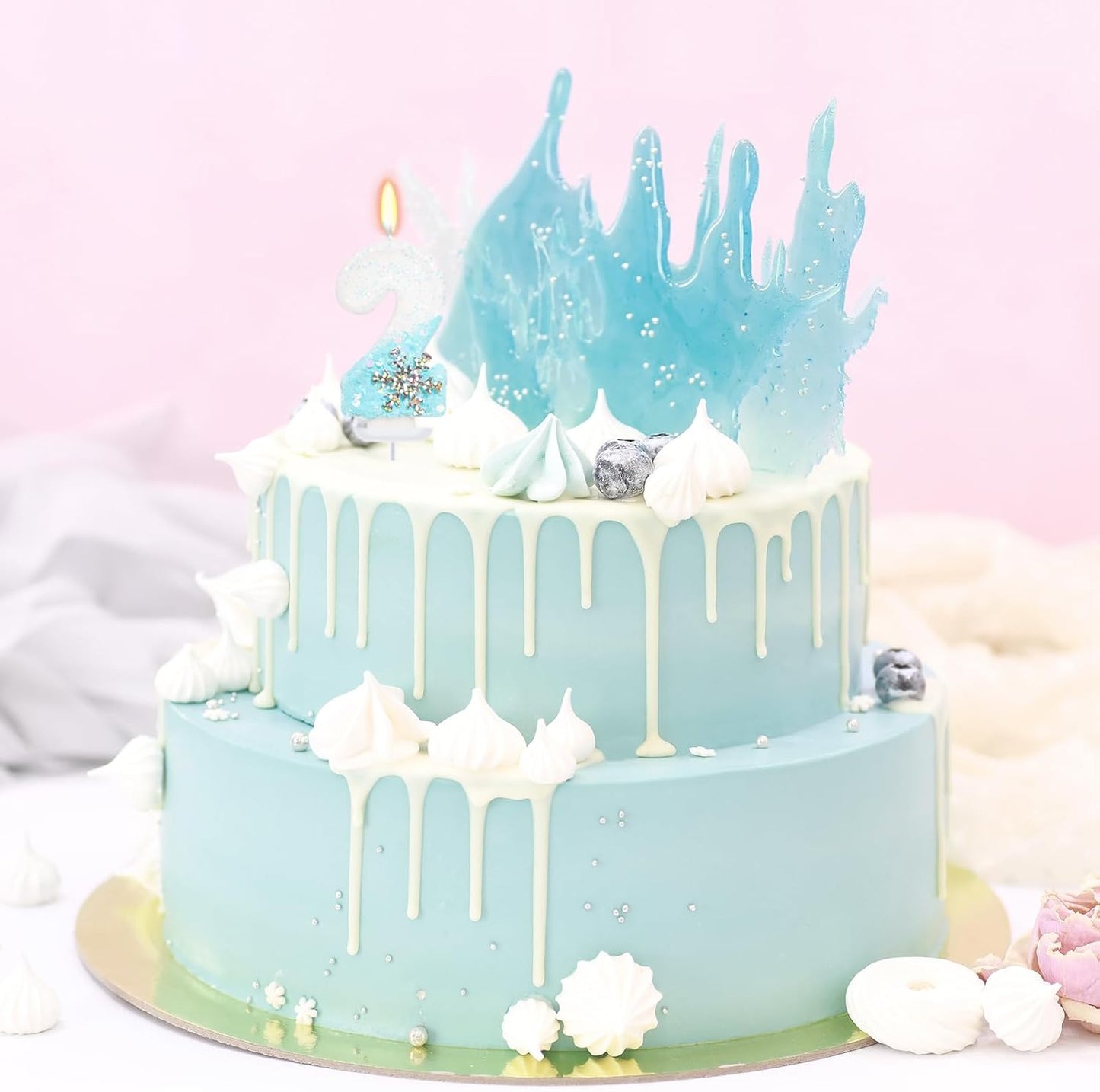 Sky Blue Snow Themed Birthday Candles, Birthday Candles for Party Supplies, 2.76 inch Number 2 Candle Cake Topper Decoration (Number 2)