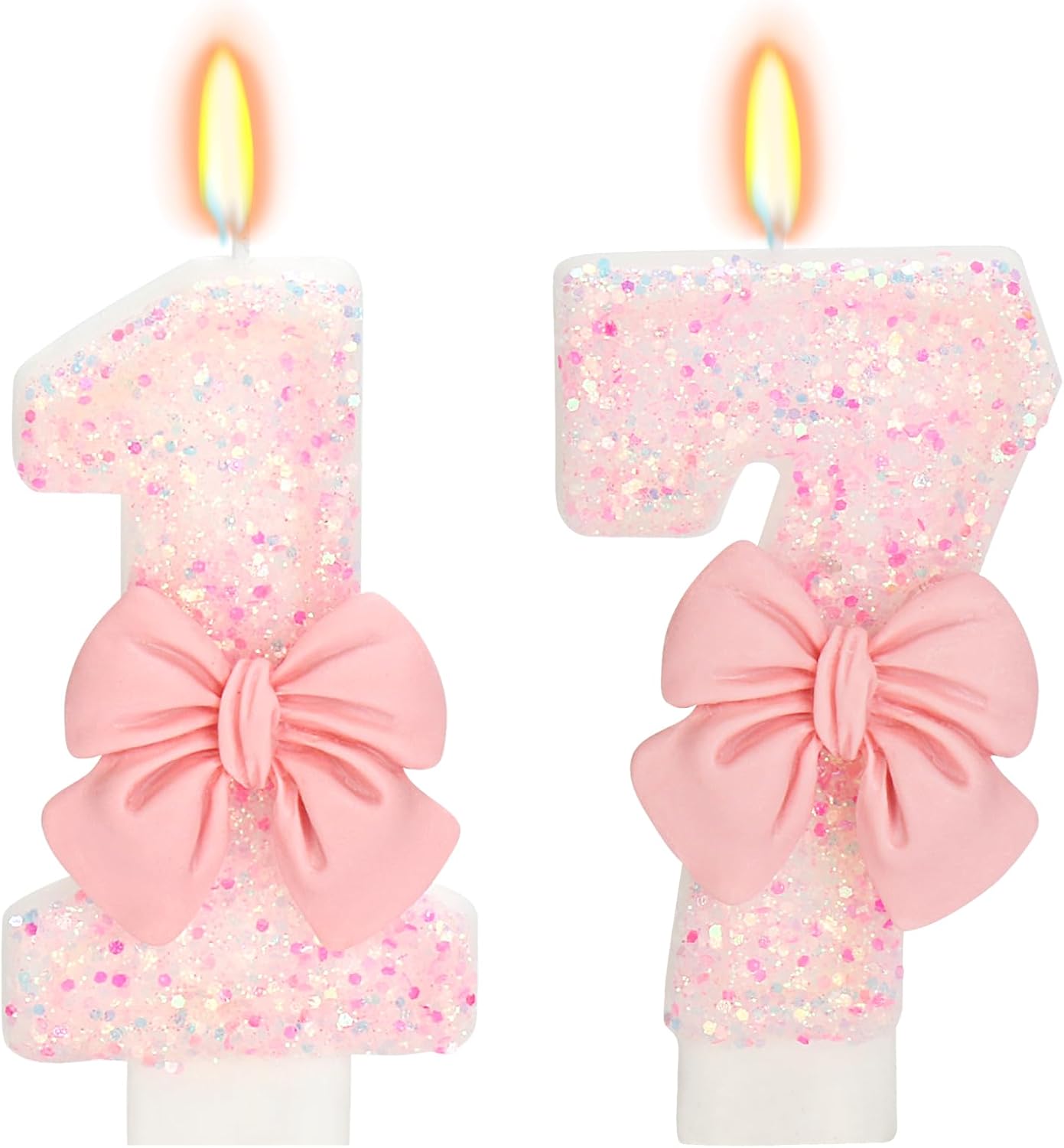 Number 17 Pink Bow Birthday Candle, 3" Tall, Smokeless, Non-Toxic, Modern Style, Celebration Decoration