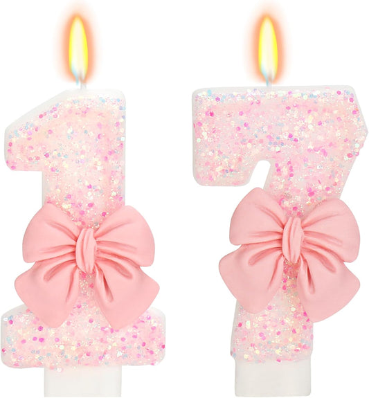 Number 17 Pink Bow Birthday Candle, 3" Tall, Smokeless, Non-Toxic, Modern Style, Celebration Decoration
