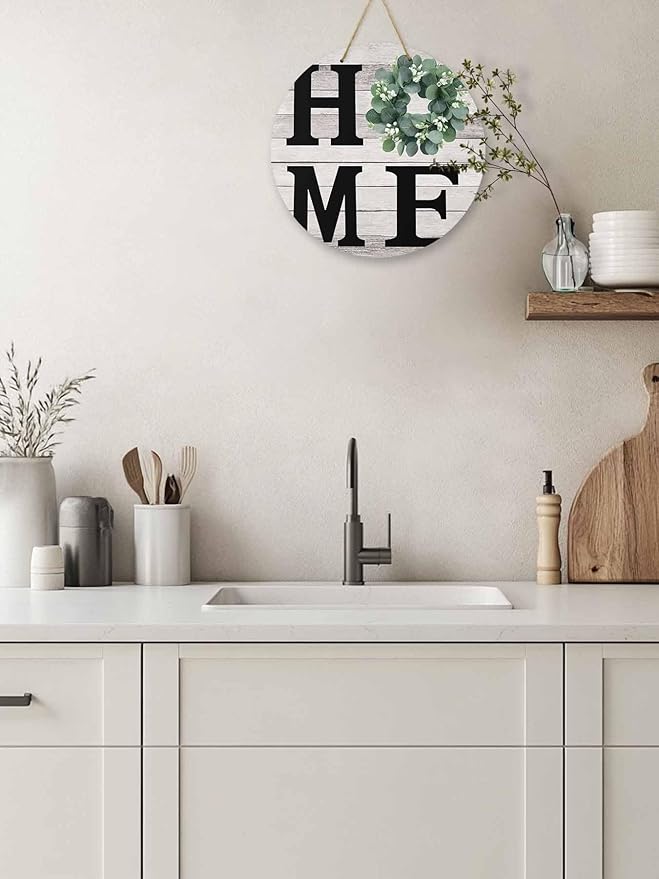 Eucalyptus Leaves Welcome Sign for Front Door, Home Garland Vintage Wood Grain Round Wooden Hanging Sign Housewarming Gift for Home Outdoor Indoor, Front Porch Decor 12inch