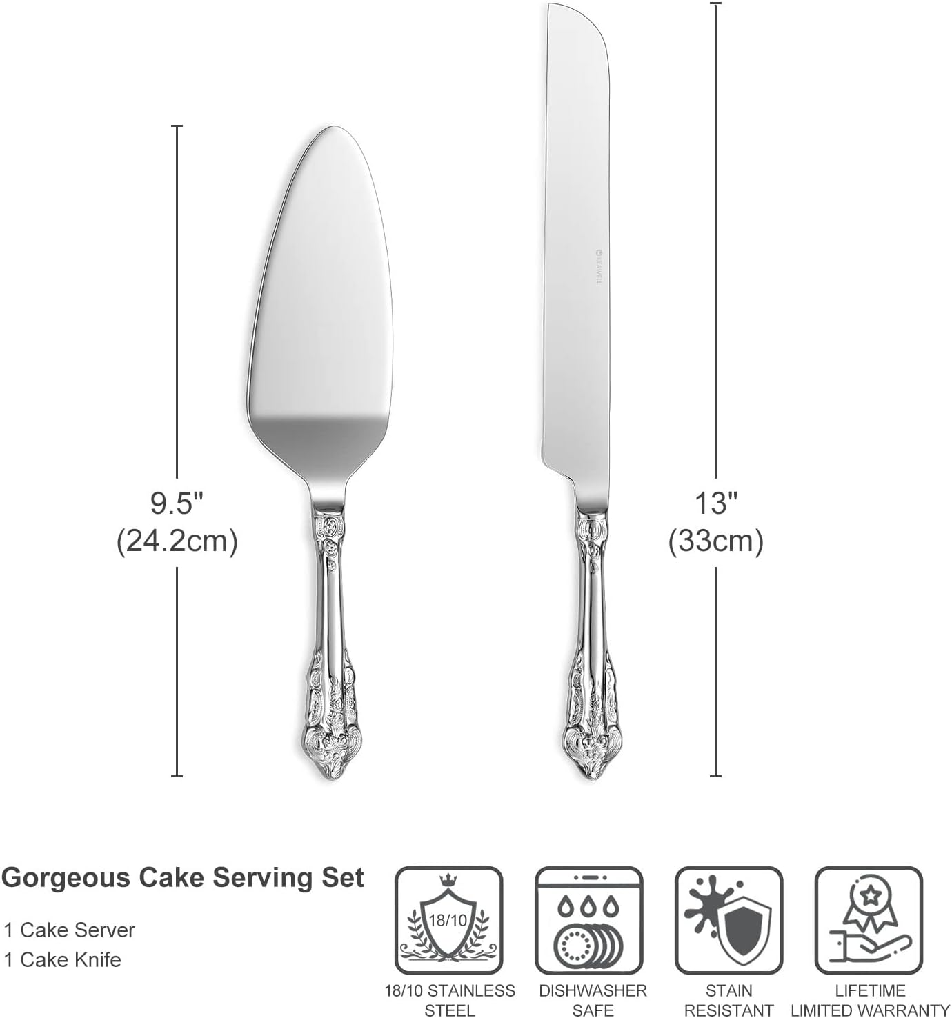 KEAWELL Gorgeous Wedding Cake Knife and Server Set, 18/10 Stainless Steel, Fine Luxury Cake Cutting Set (Silver)