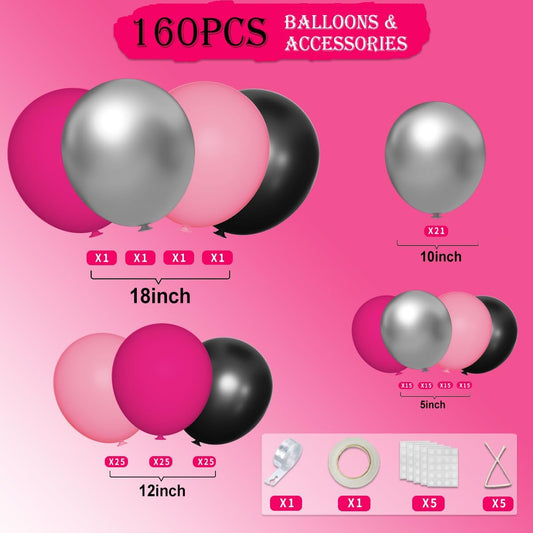 Black Red Pink Silver Balloon Garland Arch Kit, 160Pcs Hot Pink Matte Black Blush Pink Metallic Silver Balloons for Birthday Baby Shower Wedding Bridal Shower Party Decorations